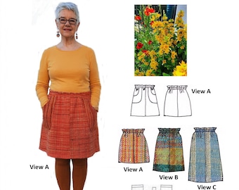 GW SK005 unlined, simple, 4 panel skirt pattern, elasticated waist, pocket options, 3 lengths, S-XXL, by Sarah Howard of Get Weaving