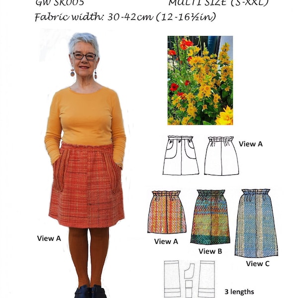 GW SK005 unlined, simple, 4 panel skirt pattern, elasticated waist, pocket options, 3 lengths, S-XXL, by Sarah Howard of Get Weaving