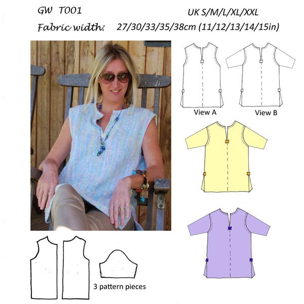 GW T001 S-XXL simple 4 panel overtop with neck and side vents, sleeve option. Original sewing patterns for handwoven fabric by Sarah Howard