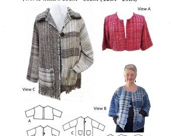 GW JA003 S-XL Edge to edge jacket, 3 lengths, 2 sleeve lengths, loop + button, knitted collar + pocket options, bound neck, by Sarah Howard