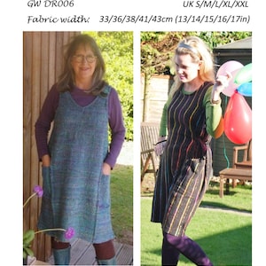 May include: Two women wearing different styles of dresses made from handwoven fabric. The dress on the left is a teal and purple color with pockets. The dress on the right is black with colorful stripes. The text on the image reads "GET WEAVING", "GW DR006", "Fabric width: 33/36/38/41/43cm (13/14/15/16/17in)", "UK S/M/L/XL/XXL", "ORIGINAL SEWING PATTERNS FOR HAND WOVEN FABRICS by Sarah Howard".
