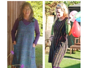 GW DR006  S- XXL slipover, lined dress with patch pockets and buttoned straps, sewing pattern for narrow, handwoven fabric by Sarah Howard