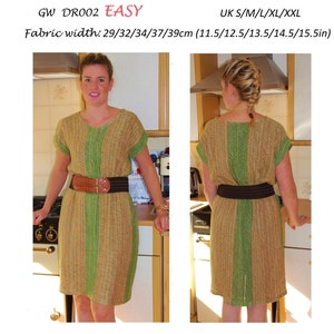 GW DR002 S-XXL simple V neck 4 panel dress with elasticated waist. Original sewing pattern for handwoven fabric by Sarah Howard