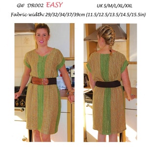 May include: A sewing pattern for a dress made from handwoven fabric. The pattern is called "Get Weaving" and is labeled "Easy". The pattern is available in sizes S-XXL and the fabric width is 29-39 inches.