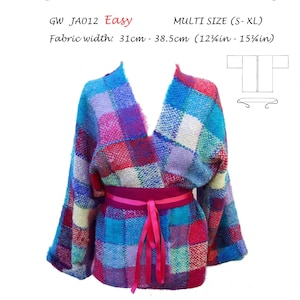 May include: A colorful woven jacket with a V-neck and a pink belt. The jacket is made of blue, red, purple, and green fabric. The text "GET WEAVING" and "ORIGINAL SEWING PATTERNS" are visible. Fabric width is 12¼in - 15¼in.