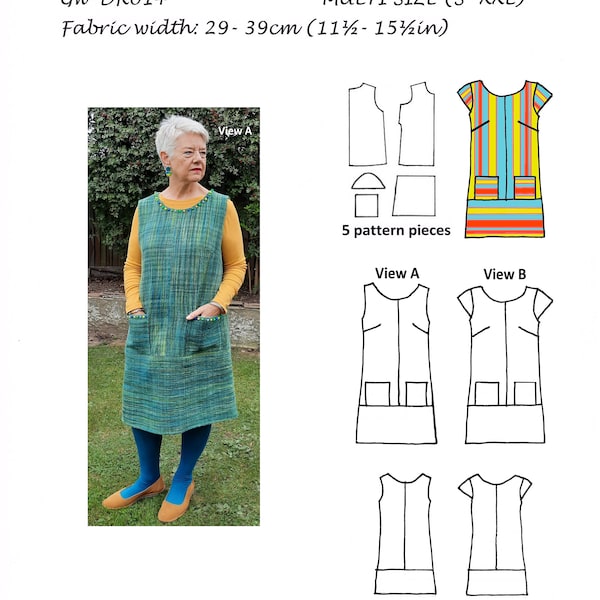 GW DR014 sewing pattern for narrow hand woven fabric, S-XXL, lined, overhead, patch pockets, bust darts, flange option, by Sarah Howard