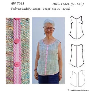 May include: A sewing pattern for hand woven fabrics. The image shows a woman wearing a button-down top with pink trim. The fabric width is 11-17 inches. The text reads "GET WEAVING" and "ORIGINAL SEWING PATTERNS FOR HAND WOVEN FABRICS by Sarah Howard."