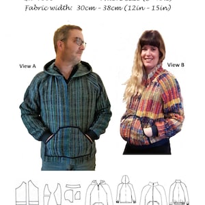 May include: Two sewing patterns for a hooded jacket, one in blue and green and one in red, orange, and yellow. The patterns are for hand woven fabrics and are available in sizes S-XXL. The fabric width is 30-38 cm.