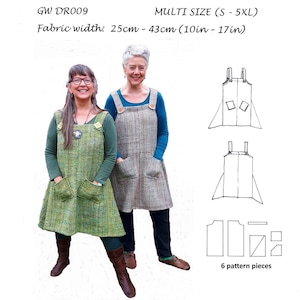 May include: Two women wearing green and gray pinafore dresses made from handwoven fabric. The dresses have large pockets and are styled with a casual, relaxed fit. The image also includes a line drawing of the dress pattern with six pattern pieces.