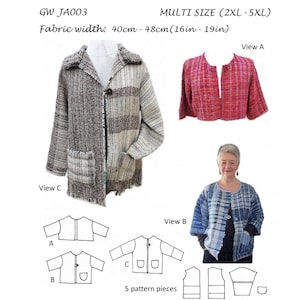Op de afbeelding: Een naaipatroon voor een jas met drie verschillende aanzichten. Het patroon is voor handgeweven stoffen en is verkrijgbaar in de maten 2XL tot 5XL. De stofbreedte is 40 tot 48 cm (16 tot 19 inch).