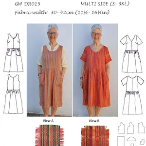 May include: A sewing pattern titled GET WEAVING GW DR015 for multi-size S-3XL garments. It features two dress views, View A and View B, with fabric width 30-42cm, 7 pattern pieces, and examples of hand-woven fabric by Sarah Howard.