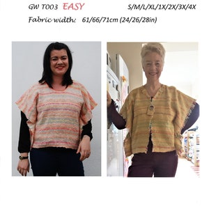 GW T003 S-4X sewing pattern all sizes simple, unlined overhead or open front top for narrow handwoven fabric by Sarah Howard