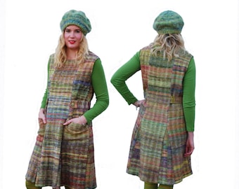 GW DR001 S-XL  6 panel pinafore dress with godets original sewing pattern for narrow, handwoven fabric by Sarah Howard