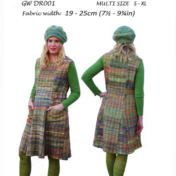 GW DR001 S-XL  6 panel pinafore dress with godets original sewing pattern for narrow, handwoven fabric by Sarah Howard