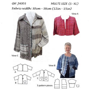 May include: A sewing pattern for a jacket made from handwoven fabric. The pattern includes five pieces and is available in sizes S-XL. The fabric width is 30 to 38 cm.