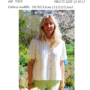 GW T005 S/M/L blouse with underlap, loops and buttons. Original sewing pattern for narrow handwoven fabric by Sarah Howard