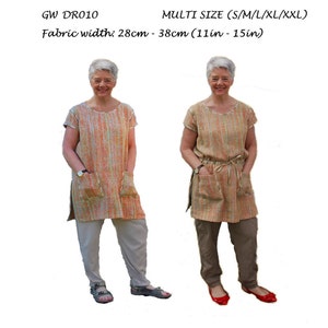 May include: Two women wearing a tunic style dress made from handwoven fabric. The dress has pockets and a tie waist. The dress is available in multiple sizes, from small to extra extra large. The fabric width is 28 to 38 cm (11 to 15 inches).  The dress is a sewing pattern for handwoven fabrics by Sarah Howard.