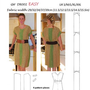 May include: A sewing pattern for a hand-woven dress. The image shows a woman wearing the finished dress, which is beige with a green stripe down the center. The text "GET WEAVING" and "ORIGINAL SEWING PATTERNS FOR HAND WOVEN FABRICS by Sarah Howard" are visible.