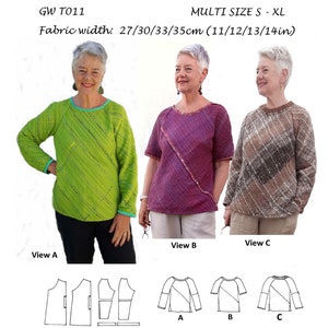GW T011 Bias tops sewing pattern for narrow, handwoven fabric, long or short sleeve, side slits, knitted neckband option, by Sarah Howard