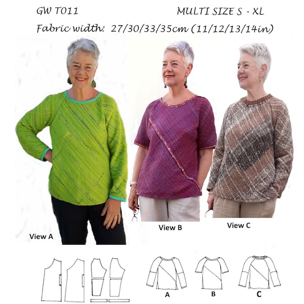 GW T011 Bias tops sewing pattern for narrow, handwoven fabric, long or short sleeve, side slits, knitted neckband option, by Sarah Howard