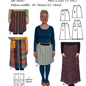 Könnte beinhalten: Ein Schnittmuster mit dem Titel GET WEAVING von Sarah Howard für Röcke in den Größen S-XXL. Das Dokument zeigt vier Rockvarianten, gekennzeichnet mit A, B, C und D, mit verschiedenen Stoffmustern, Taschenstilen und Längen, Stoffbreite 30-46 cm.