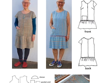 GW DR013 S- 4XL overhead dress, darts, lower panels gathered to body, pocket/s, optional sleeve cap and decorations. By Sarah Howard
