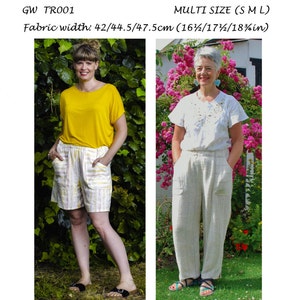 Puede incluir: Dos mujeres vistiendo diferentes estilos de ropa hechos de tela tejida a mano. La mujer de la izquierda lleva una blusa amarilla y pantalones cortos de rayas blancas. La mujer de la derecha lleva una blusa blanca y pantalones blancos. El texto de la imagen dice "GET WEAVING", "GW TR001", "MULTI SIZE (S M L)", "Ancho de la tela: 42/44.5/47.5cm (16/2/17/2/18in)", "PATRONES DE COSTURA ORIGINALES PARA TELAS TEJIDAS A MANO por Sarah Howard".