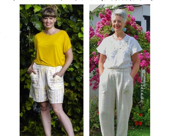 GW TR001 S/M/L elastic waist trousers or shorts, loose fit, lined patch pockets, sewing pattern for narrow handwoven fabric by Sarah Howard