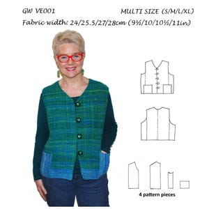 May include: A sewing pattern titled GET WEAVING by Sarah Howard for a multi-size vest. The document includes a photograph of a person wearing a green and blue plaid vest with four buttons and two pockets, alongside technical line drawings of the vest.
