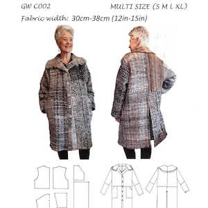 May include: A sewing pattern for a long coat with a collar, pockets, and a button closure. The pattern is for handwoven fabrics and includes 6 pattern pieces. The pattern is called "Get Weaving" and is for sizes S, M, L, and XL. The fabric width is 30cm-38cm (12in-15in).