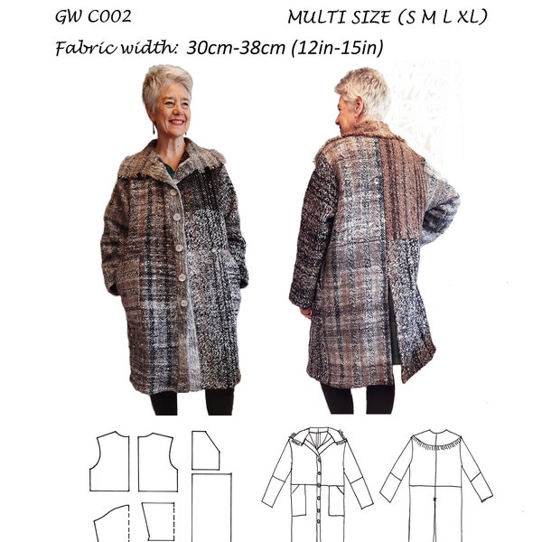 GW C002 Simple unlined coat S- XL, waist seam, patch pockets, back vent, 2 piece sleeves, knitted front bands, single layer collar