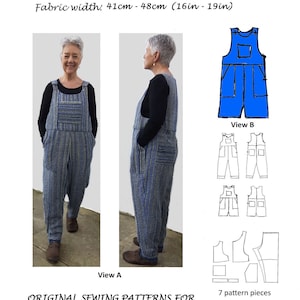 May include: A sewing pattern for overalls in multiple sizes, S/M/L/XL. The pattern is for handwoven fabrics and includes 7 pattern pieces. The fabric width is 41 to 48 cm.