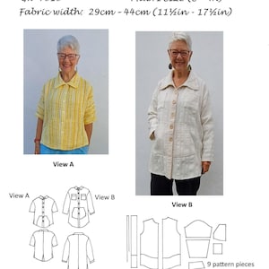 Puede incluir: Imagen de un patrón de costura titulado "GET WEAVING" con el texto "GW T010" y "MULTI SIZE (S-4X)". El ancho de la tela es de 29cm - 44cm. La imagen muestra dos vistas de una mujer con una camisa a rayas amarillas y blancas y una chaqueta color crema. También hay diagramas de patrones.