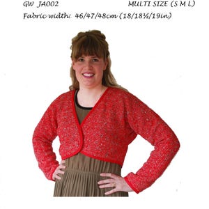 May include: A woman wearing a red woven bolero jacket. The image includes text that reads "GET WEAVING" and "ORIGINAL SEWING PATTERNS FOR HAND WOVEN FABRICS by Sarah Howard." Fabric width is 18/18.5/19 inches.