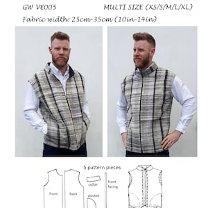 TW VE005 XS - XL Unisex Schnittmuster für ungefütterte Weste, Kragen und Vorderseiten in Kontrastfarbe, seitliche Nahttaschen mit oder ohne Reißverschlüsse