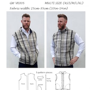 GW VE005 Unisex unlined bodywarmer sewing pattern with contrast collar and front facings, side seam pockets with or without zips XS - XL