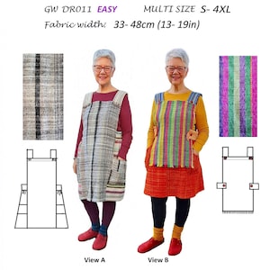 Könnte beinhalten: Zwei Frauen präsentieren ein handgewebtes Schürzen-Nähmuster. Das Muster heißt "Get Weaving" und ist in den Größen S-4XL erhältlich. Die Stoffbreite beträgt 33-48 cm (13-19 Zoll).
