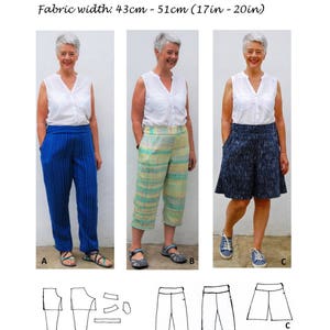 May include: Image of a sewing pattern titled "GET WEAVING" with the text "GW TR003" and "MULTI SIZE (S/M/L/XL)". The fabric width is 17in - 20in. The image shows three women wearing different styles of pants and shorts. The pattern includes 6 pieces.