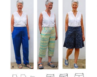 GW TR003 trousers in 2 lengths and culottes have waist yokes, side zip and one side pocket. Original sewing pattern by Sarah Howard