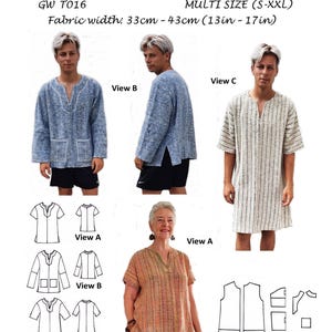 May include: A sewing pattern for a tunic top with three different views. The pattern includes instructions for making a short-sleeved tunic, a long-sleeved tunic, and a tunic with a longer hemline. The pattern is designed for hand-woven fabrics and is available in sizes S-XXL. The fabric width is 13-17 inches.