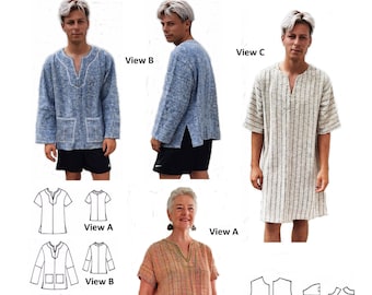 GW T016 S-2XL Instant Download- please read description box before ordering. Unisex top or dress, faced neckline, side slits, pockets, trim