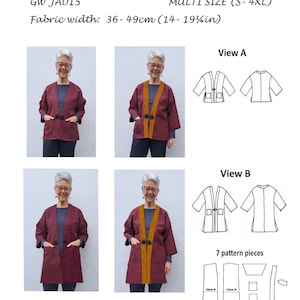 GW JA015 S-4XL unlined jacket sewing pattern for narrow, handwoven fabric, pockets, 2 lengths, facings wrong or right side by Sarah Howard