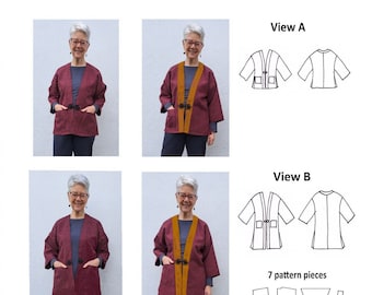 GW JA015 S-4XL unlined jacket sewing pattern for narrow, handwoven fabric, pockets, 2 lengths, facings wrong or right side by Sarah Howard