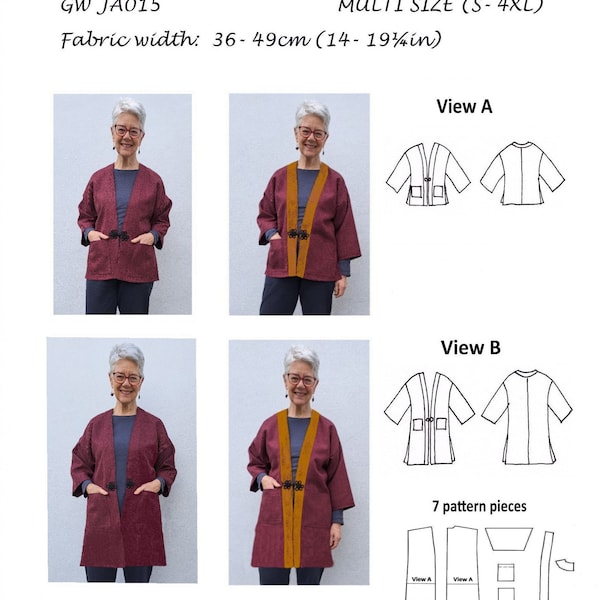GW JA015 S-4XL ungefütterte Jacke Schnittmuster für schmale, handgewebte Stoffe, Taschen, 2 Längen, Besatz auf links oder rechts von Sarah Howard