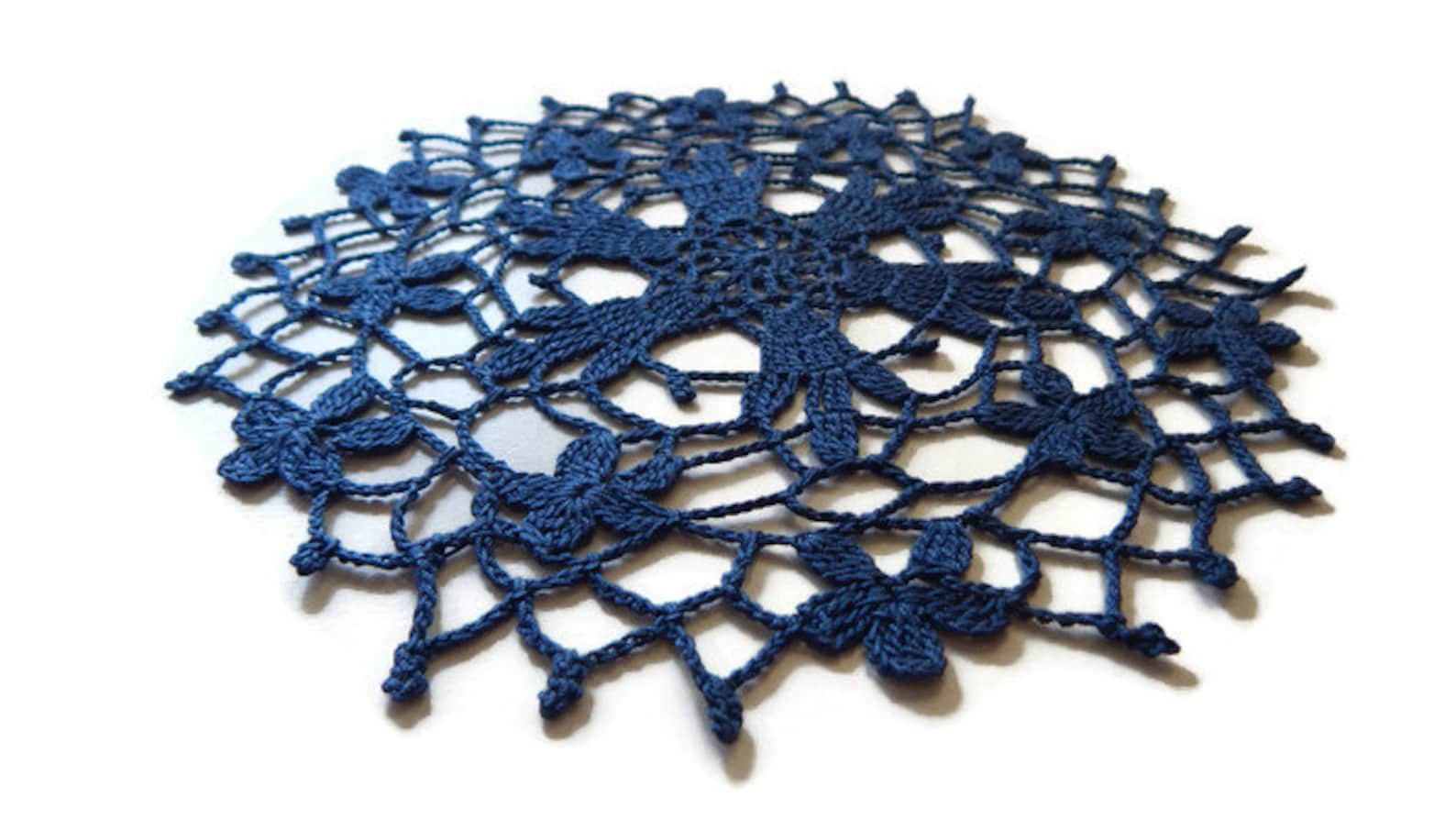 Set of 2 round navy blue crochet lace doilies Round crochet Etsy