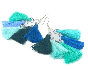 Mirror and Blue Tassel Dangle Earrings