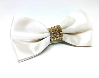 White Satin Bow Tie with Gold or Silver Swarovski Crystal Stones