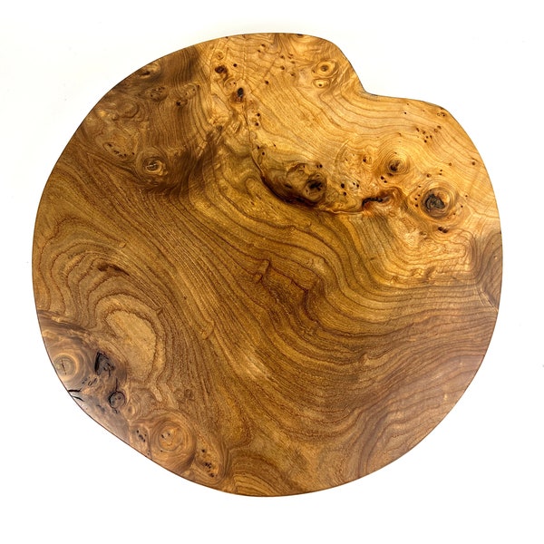 Solid burr elm round table top cutting board live edge English hardwood handmade circle circular natural wood chopping kitchen