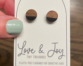 2-tone Black and Wood Plastic Post Earrings | Good for sensitive ears | Metal-free earrings | Hypoallergenic
