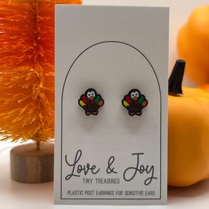 May include: A pair of stud earrings shaped like turkeys with brown bodies and red, yellow, and green tail feathers. The earrings are mounted on a white display card with the text Love & Joy Tiny Treasures Plastic Post Earrings For Sensitive Ears.